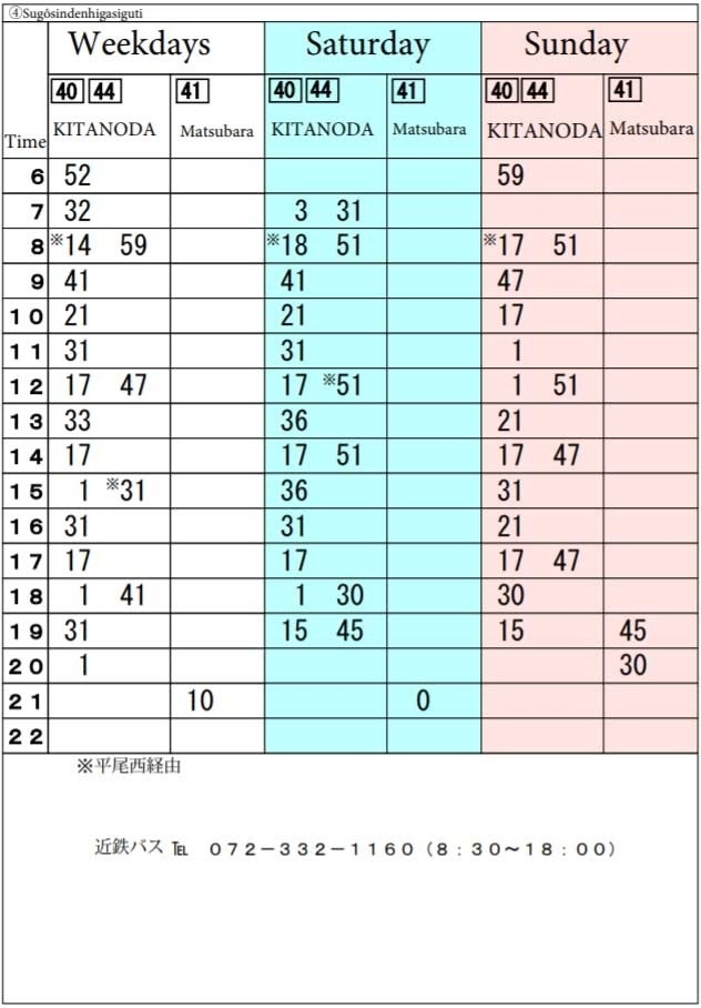 時刻表　北野田駅方面　菅生新田東口　