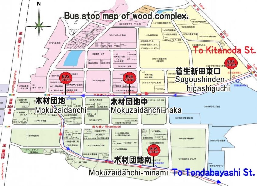 Bus stop map of "Mokuzaidanchi".　　木材団地内バス停留所位置図